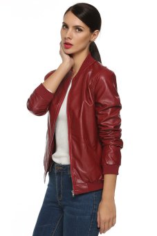 SuperCart Women Motorcycle Leather Jackets Short Outerwear Coat ( Wine Red )   