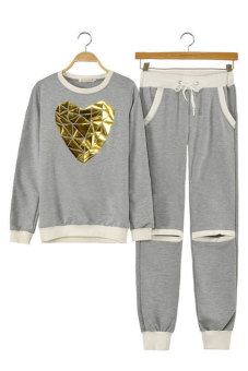 SuperCart Women Set Sweatshirt + Pants Joggers Sweats Tracksuit Heart-shaped Sport Suits (Grey)   