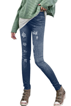 SuperCart Women Stretch Skinny Leggings Holes Printing Jeans Pencil Pants (Blue)   