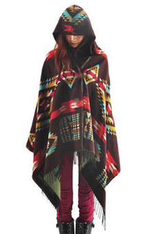 SuperCart Women Wool Blend Ethnic print Blanket Cloak Poncho Cape (Dark Brown)  