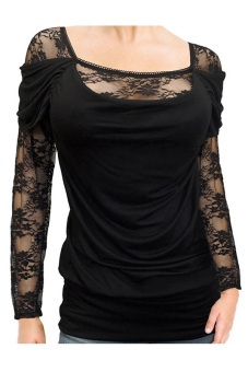 SuperCart Women's Fashion Elegant Lace Stitching Long Sleeve Square Neck Pleated Shirt (Black)  