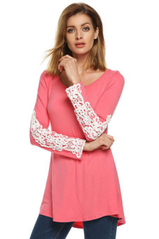 SuperCart Zeagoo Women Casual O-Neck Lace Patchwork Long Sleeve Slim Stretch Blouse Tops (Pink)   