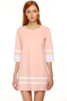SuperCart Zeagoo Women Casual Slim Round Neck 3/4 Sleeve Patchwork Contrast Color Straight Party Dress ( Pink )   