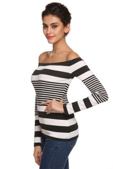 SuperCart Zeagoo Women Lady Long Sleeve Off Shoulder Stripe Slim Top Casual T-Shirt ( Black + White )   