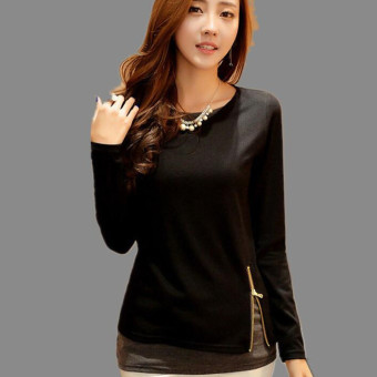 T-shirt Women 2016 New Korean Version Of Slim False Two Long-sleeved Round Neck Knit Tops Black  