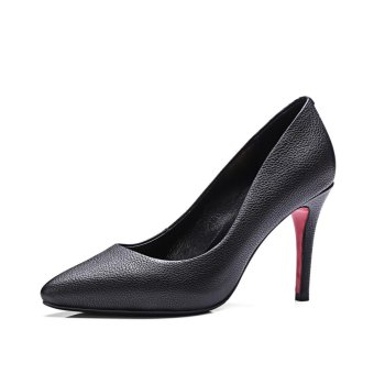 Tauntte 2017 New Casual Genuine Leather High Heels Pump Women Office Shallow Thin Heels Shoes For Lady (Black) - intl  
