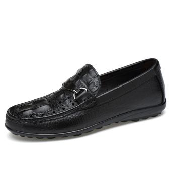 Tauntte Fashion Fretwork Genuine Leather Men Loafers Breathable Softness Crocodile Pattern Slip On Casual Driving Shoes (Black) - intl  