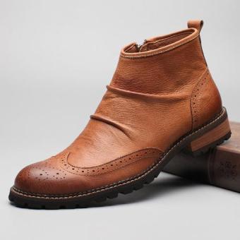Tauntte Retro Men Chelsea Boots Full Grain Leather Slip On Ankle Boots Bullock Carving Flower Boots (Brown) - intl  