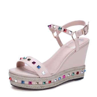 Tauntte Summer Bordered Crystal Genuine Leather Wedges Sandals Women Fashion Height Increasing Casual Shoes For Lady (Pink) - intl  