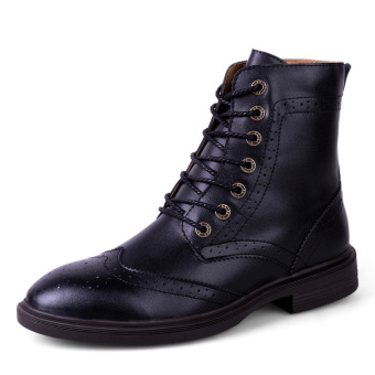 Tauntte Winter British Men Martin Boots Fashion Keep Warm Carving Flower Bullock Boots Genuine Leather Boots Plus Size (Black) - intl  