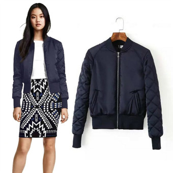 The Fashion Long sleeve Quilted Jacket Thin Padded Short Quilting Bomber Pilot Jacket Coat Outerwear Tops L (Navy Blue) - intl  