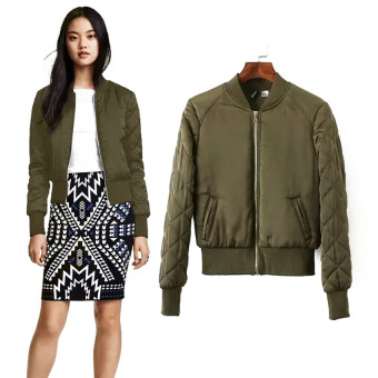 The Fashion Long sleeve Quilted Jacket Thin Padded Short Quilting Bomber Pilot Jacket Coat Outerwear Tops S (Army Green) - intl  