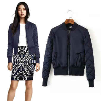 The Great Fashion Long sleeve Quilted Jacket Thin Padded Short Quilting Bomber Pilot Jacket Coat Outerwear Tops S (Navy Blue) - intl  