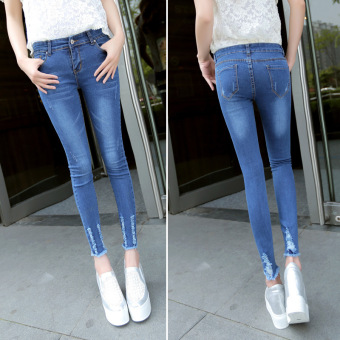 The New Spring and Summer Korean Large Code Slim Slim Stretch Jeans Pants Female Nine Feet (dark Blue) - intl  