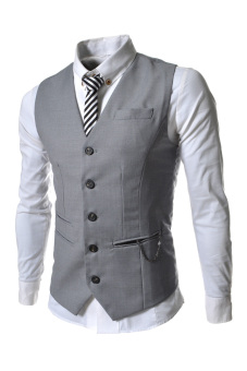 TheLees Chain Zipper Pocket 5 Button Slim Vest Waistcoat Gray  