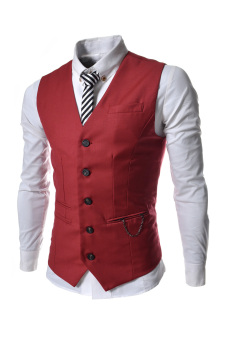 TheLees Chain Zipper Pocket 5 Button Slim Vest Waistcoat (Red)  