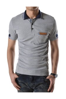 TheLees Collar Neck Leather Patched Pocket Short Sleeve Tshirt Gray  