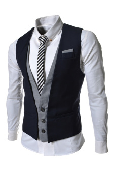 TheLees Layered Style 3 Button Slim Vest Waistcoat Navy  