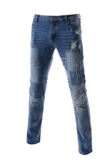 TheLees Slim Stain Vintage Distressed Destroyed Patched Jeans Blue  