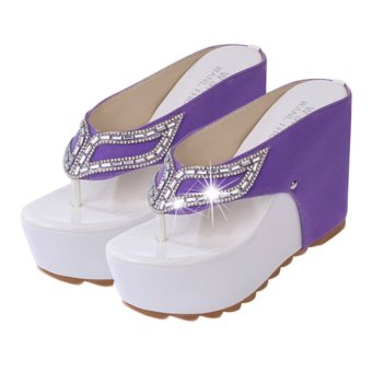 Thick Bottom Platform Flip Flops Rhinestone Woman Summer HeelSandals Shoes (Purple)  