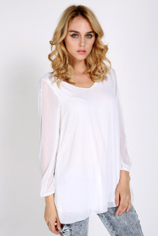 Toprank Casual Long Sleeve Hollow Out Blouse For Women Loose Chiffon Shirt Plus Size ( White )  