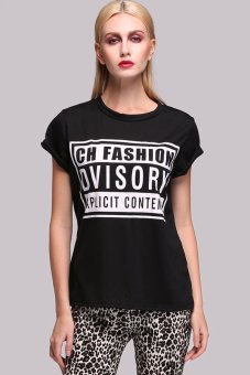 Toprank Casual Plus Size Women T Shirt Personality Short Sleeve Letter Print O-Neck Tops Summer T-Shirt ( Black )  