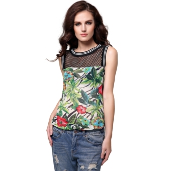 Toprank FINEJO Stylish Ladies Floral Stitching O-Neck Sleeveless Casual Long Tank Top ( Green ) - intl  