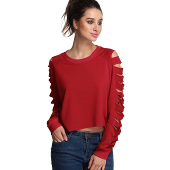 Toprank Finejo Stylish Ladies Women Casual Long Hollow Sleeve Irregular Top Solid Leisure Sexy Blouse ( Red ) - intl  