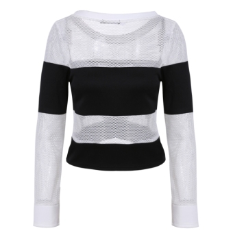 Toprank FINEJO Women Ladies O Neck Long Sleeve Mesh Patchwork Crop Top ( White ) - intl  