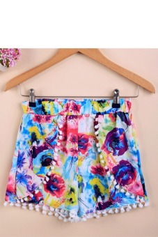 Toprank High Waist Floral Print Shorts Beachwear Elastic Waist Casual Shorts For Women ( Blue )  
