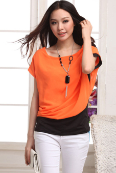 Toprank Korean Style Women's Loose Short Sleeve Chiffon Splicing Casual T-Shirt Tops Blouse With Necklace ( Orange )  