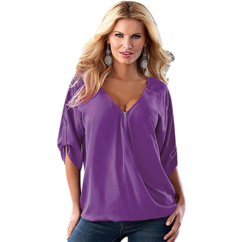 Toprank Loose Women Casual Short Sleeve Sexy Shirt Tops Blouse Tee Top ( Purple ) - intl  