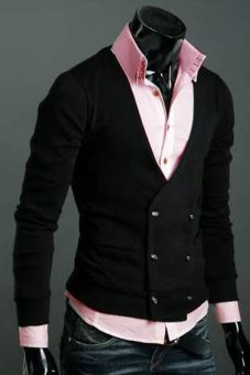 Toprank Men'S Casual Slim Fit Double-Breasted Wool Cardigan V-Neck Men Sweater Coat ( Black )  