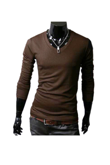 Toprank Slim Fit Cotton V-Neck Long Sleeve Casual Men'S T-Shirt Tops Light Gray Coffee B14 ( Brown )  