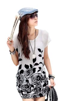 Toprank Summer Dress Women Casual Dresses Silk Batwing Sleeve Tunics Flower Print Bohemia Beach Dresses  