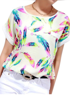 Toprank Summer T-Shirt Women Tops And Tees Blouses Women's Shirts Blouse Chiffon Feather Printed Short Sleeve Loose Shirt ( White )  