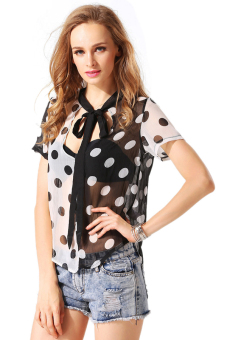 Toprank V-Neck Women Summer Blouse Print Polka Dots Short Sleeve Chiffion Shirt Top Blouse Contrast  