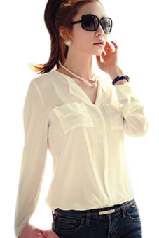 Toprank Wanita Seksi kain sutera tipis blus kemeja kasual lengan baju yang panjang dan longgar atasan (putih)  