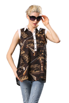 Toprank Women OL Lapel Collar Tops Casual Chiffon Sleeveless Shirt Printed Blouse ( Brown )  