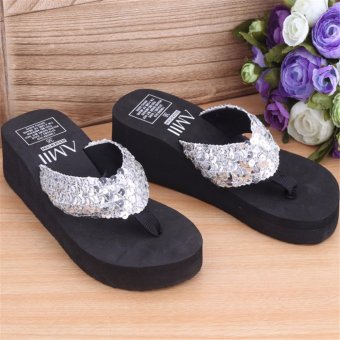 Toprime WSFF-SV-35 Women Sequins Skid Resistance High-heeled Beach Household Sandals and slippers Flip Flops(Silver) - intl  