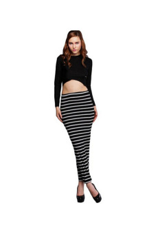 Two Piece Skirt And Crop Top Striped Bodycon Dress Black  
