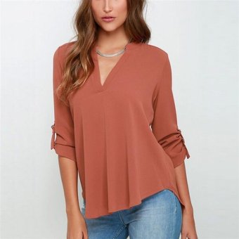 V-neck Loose Blouse with Button-Tab Sleeve (Dark Red)  