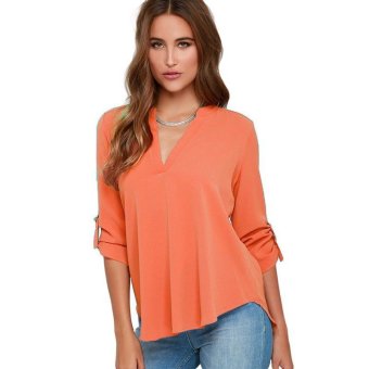 V-neck Loose Blouse with Button-Tab Sleeve (Orange)  