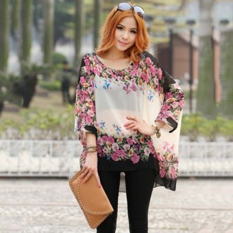 Vanker Bohemian Style Women Floral Print Batwing Sleeve Smock Chiffon Loose Tops Shirt  