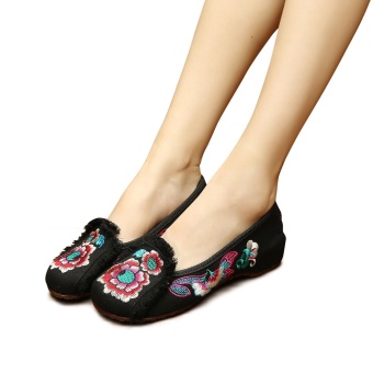 Veowalk Asian Women Flower Embroidered Canvas Ballet Flats Elegant Casual Cotton Slip on Dance Shoes Gum Bottom Black - intl  