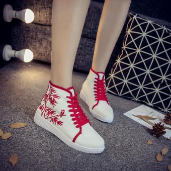 Veowalk Bird Embroidered Womens High Top White Canvas Travel Shoes Lace up Fashion Ladies Casual Walking Platforms Zapatos Mujer Red - intl  