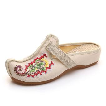 Veowalk Bling Sequins Nose Toe Women's Canvas Slippers Low Heel Wedges Vintage Ladies Summer Outdoor Casual Denim Sandals Shoes Beige - intl  