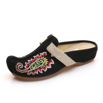 Veowalk Bling Sequins Nose Toe Women's Canvas Slippers Low Heel Wedges Vintage Ladies Summer Outdoor Casual Denim Sandals Shoes Black - intl  