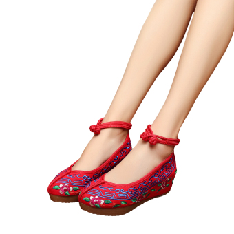 Veowalk Cotton Embroidery Women's Casual Platform Shoes Ankle Strap Ladies 5cm Heel Canvas Wedges Pumps Blue - intl - intl  