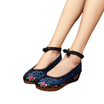 Veowalk Cotton Embroidery Women's Casual Platform Shoes Ankle Strap Ladies 5cm Heel Canvas Wedges Pumps Blue - intl  